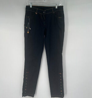 Vinatge 90s Y2K Oilily Jean Womens 40 US 10 Blue Dark Sash Embroidered Charms